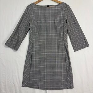 H&M Glen Plaid Dress Womens Sz 10 Black White 3/4 Sleeve Boat Neck Preppy Career